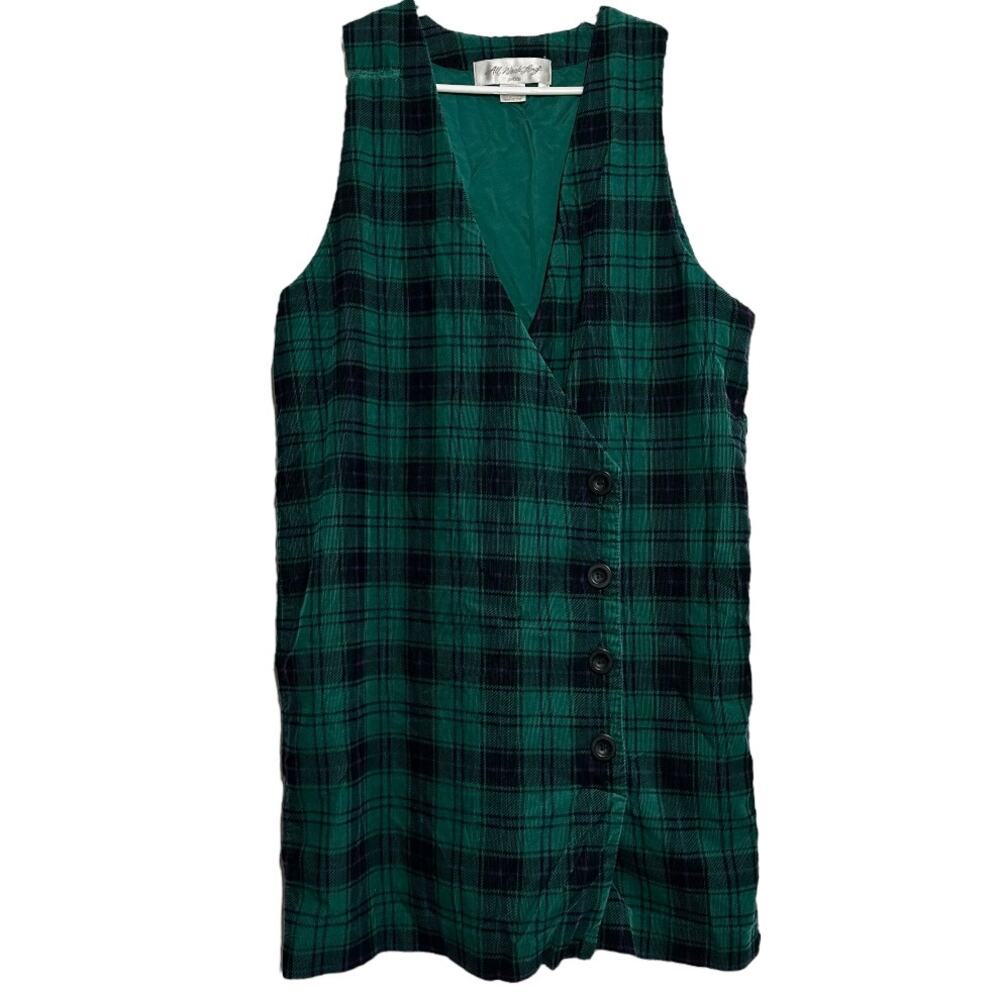 All Week Long Corduroy Dress 100% Cotton Wrap Button Up Gingham Plaid Green 8P